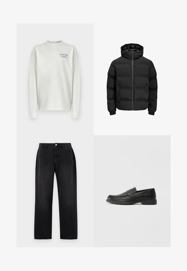 Crna podstava jakna s kapuljačom, koja ima prednje zatvaranje na patentni zatvarač, rebraste manžetne i glatku teksturu. Nema vidljivih logotipa ili uzoraka.; Bijela dugorukava majica s okruglim izrezom i kontrastnim crnim izvezenim tekstom na prsima. Izrađena od mekog materijala s opuštenim krojem.; Crne traperice od denima s ravnim krojem. Imaju kopčanje na gumb, omče za remen i dva bočna džepa. Glatka tekstura, bez vidljivih uzoraka.; Crne kožne mokasine s glatkom površinom, gornji dio u stilu mokasina, ojačani šavovi i gumeni potplat. Klasičan dizajn s niskom petom.