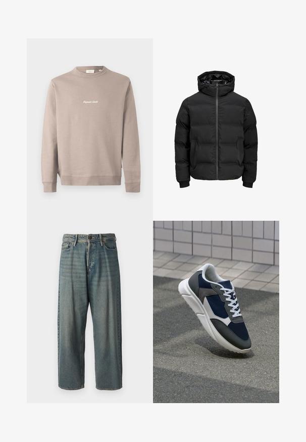 Black padded jacket with a hood, featuring a front zipper closure, ribbed cuffs, and a smooth texture. No visible logos or patterns.; Beige sweatshirt with long sleeves and a round neckline. Features "Original Studio" embroidered in white on the chest. Smooth texture, ribbed cuffs.; Light blue denim jeans with a loose fit, mid-rise waist, and straight legs. Features five pockets, belt loops, and a button closure.; Sneaker featuring a navy blue mesh upper, gray suede accents, white rubber sole, and flat white laces, designed for comfort and breathability.