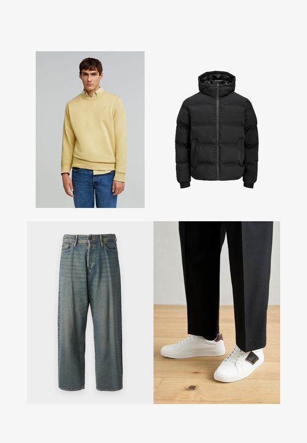 Sort polstret jakke med hætte, der har en frontlynlås, ribbede manchetter og en glat tekstur. Ingen synlige logoer eller mønstre.; Scalpers FADE - Sweatshirt - mustard; Lyseblå denim jeans med løs pasform, mellemhøj talje og lige ben. Har fem lommer, bæltestropper og en knappelukning.; Hvide sneakers med glat tekstur, prydet med brune læderdetaljer og sorte detaljer, sammen med sorte skræddersyede bukser. Baggrund med trægulv.