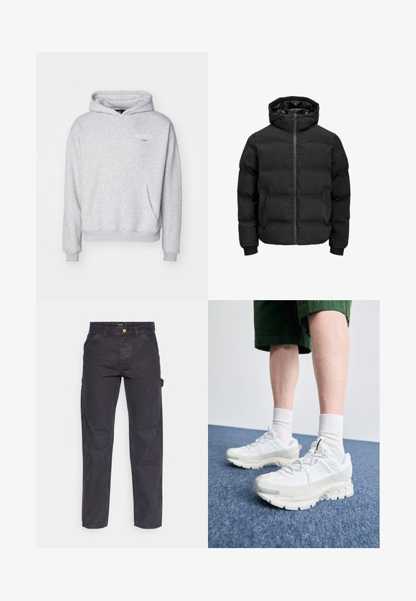 Čierna vypchatá bunda s kapucňou, s predným zipsom, patentnými manžetami a hladkým povrchom. Žiadne viditeľné logá ani vzory.; Legacies JUVENTUS TURIN ETHOS HOOD - Klubové oblečenie - grey marl; Tmavošedé cargo nohavice vyrobené z odolného materiálu, s rovnými nohavicami, piatimi vreckami a gombíkovým zapínaním v páse.; Biele športové topánky s textúrovanými prešívaniami, robustnou podrážkou a sivými akcentami. Nosené s bielymi ponožkami po členky a zelenými šortkami na modrom povrchu.