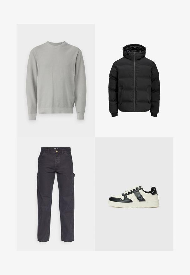 Giacca imbottita nera con cappuccio, dotata di chiusura frontale con zip, polsini a coste e una texture liscia. Senza loghi o fantasie visibili.; Maglione lavorato a maglia grigio chiaro con scollatura rotonda, maniche lunghe, polsini e orlo a costine. Tessuto testurizzato con un motivo uniforme su tutta la superficie.; Pantaloni cargo grigio scuro realizzati in tessuto resistente, con un taglio dritto, cinque tasche e chiusura a bottoni in vita.; Sneakers in pelle con una combinazione di colori nero e crema, dotati di dettagli perforati, collare imbottito e suola testurizzata.