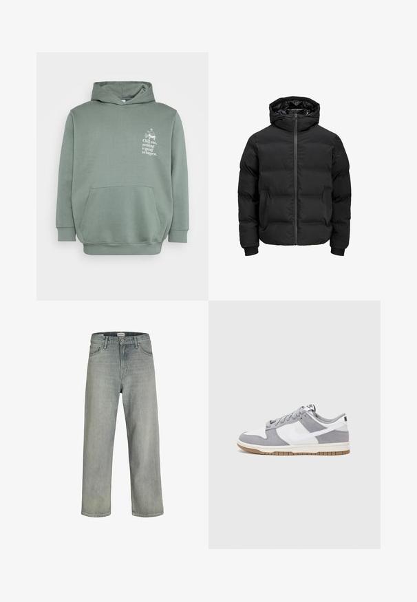 Sort polstret jakke med hætte, der har en frontlynlås, ribbede manchetter og en glat tekstur. Ingen synlige logoer eller mønstre.; Lysegrøn hættebluse lavet af blødt stof. Har en frontlomme, en hætte med snor og trykt tekst med et grafisk design på brystet.; Lysegrå, løstsiddende jeans lavet af denim. Har et klassisk fem-lomme design, bæltestropper og en lige ben silhuet.; Grå og hvid sneaker med en overdel i ruskind og læder, rund tå, flade snørebånd og en gummisål med en gummifarvet detalje.