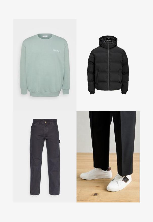 Musta polsterdatud jakk kapuutsiga, millel on ees lukk, soonikkoes varrukad ja sile tekstuur. Nähtavaid logosid või mustreid pole.; Müntroheline crewneck sviiter, mis on valmistatud pehmest puuvilla segu materjalist. Omab soonikuid käeotstes ja allääres, valgete tähtedega "Club1990" trükk ees.; Tumehallid cargo-püksid, mis on valmistatud vastupidavast kangast, sirge lõikega, viie tasku ja nupuga kinnitusega vööl.; Valged sneakersid siledat tekstuurist, millel on pruunad nahast detailid ja mustad aksessuaarid, millele on sobitatud mustad kohandatud püksid. Puitpõranda taust.