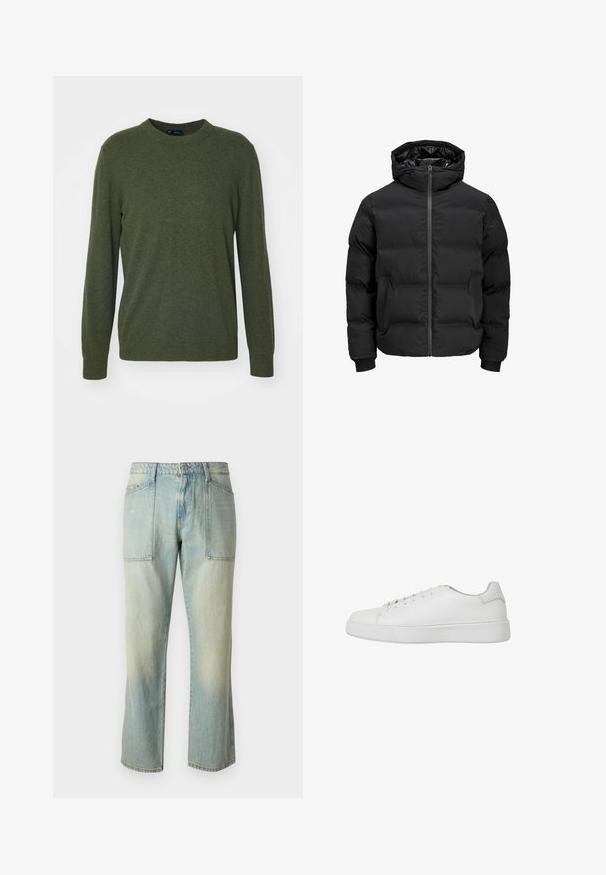 Fekete steppelt dzseki kapucnival, elülső cipzárral, bordázott ujjaival és sima textúrájával. Nincsenek látható logók vagy minták.; GAP CASHSOFT CREW - Pulóver - green heather; Világoskék farmer nadrág egyenes szárú kivitelben, látható varrással és két nagy elülső zsebbel. Az anyag fonott textúrájú.; Fehér sneaker sima bőrből, kerek orral, varrott részletekkel és lapos gumitalppal. Minimalista dizájn, fűzős záródással.