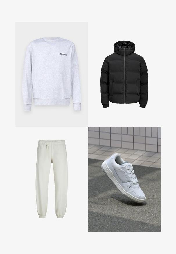 Sort polstret jakke med hætte, der har en frontlynlås, ribbede manchetter og en glat tekstur. Ingen synlige logoer eller mønstre.; Grå sweatshirt lavet af bomuldsblanding, med rund halsudskæring, der har en lille sort "Club1990" tekst på venstre brystområde.; Hvide sweatpants lavet af blødt stof, med elastisk talje og håndled, der har en glat tekstur og løs pasform.; Hvide lædersneakers med perforerede sider, teksturerede detaljer, flade snørebånd og en kontrasterende grå hæl. Har en let forhøjet sål.