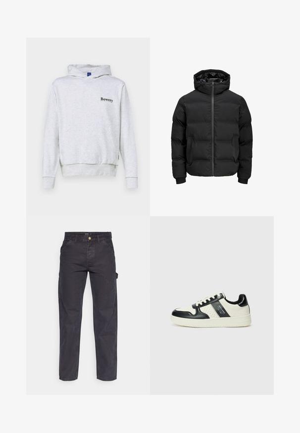 Črna podložena jakna s kapuco, z zadrgo na sprednji strani, rebrastimi manšetami in gladko teksturo. Brez vidnih logotipov ali vzorcev.; Svetlo siva kapuca s kengurujem žepom, rebrastim manžetama i rubom. Sadrži ispisan natpis "Bowery" u crnoj boji na levom delu grudi. Materijal je mješavina pamuka.; Temno sivi cargo hlače iz trpežnega materiala, z ravnim krojem nogavic, petimi žepi in gumbom za zapiranje v pasu.; Usnjeni športni čevlji z črno in krem barvno shemo, ki vključujejo perforirane dodatke, podložen ovratnik in strukturirano podplat.