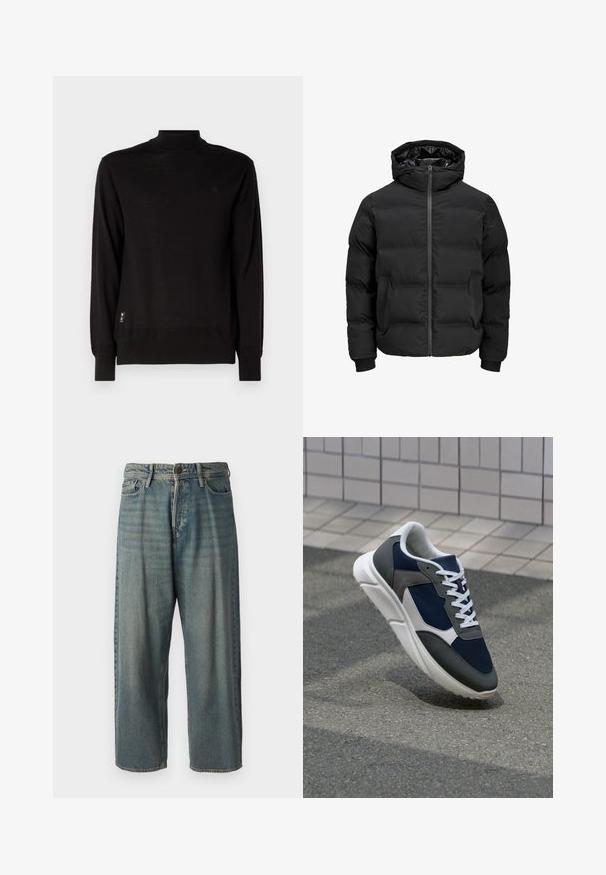 Črna podložena jakna s kapuco, z zadrgo na sprednji strani, rebrastimi manšetami in gladko teksturo. Brez vidnih logotipov ali vzorcev.; Črn pulover z visokim ovratnikom, dolgimi rokavi in subtilnim logotipom. Narejen iz gladkega materiala z rebrastim robom in manšetami.; Svetlomoderne kavbojke z ohlapnim krojem, srednjim pasom in ravnimi nogami. Imajo pet žepov, zanke za pas in zapiranje na gumb.; Superge z zgornjim delom iz mrežaste tkanine v mornarsko modri barvi, sivi usnjeni poudarki, belo gumijasto podplato in ravnimi belimi vezalkami, zasnovane za udobje in zračnost.