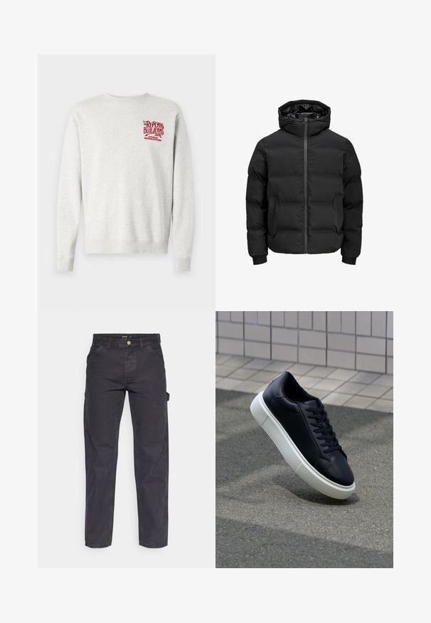 Giacca imbottita nera con cappuccio, dotata di chiusura frontale con zip, polsini a coste e una texture liscia. Senza loghi o fantasie visibili.; Felpa grigia in cotone con polsini e orlo a coste, con logo stampato rosso sul petto. Design classico con collo a giro.; Pantaloni cargo grigio scuro realizzati in tessuto resistente, con un taglio dritto, cinque tasche e chiusura a bottoni in vita.; Sneaker in pelle nera con punta arrotondata e suola in gomma bianca. Presenta lacci piatti e cuciture minime sulla parte superiore. Suola testurizzata per una migliore aderenza.