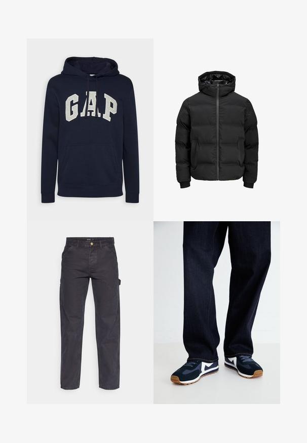 Black padded jacket with a hood, featuring a front zipper closure, ribbed cuffs, and a smooth texture. No visible logos or patterns.; Navy blue cotton hoodie featuring a large, light gray "GAP" logo, front pouch pocket, and drawstrings at the hood. Classic design with ribbed cuffs.; Dark gray cargo pants made of durable fabric, featuring a straight-leg cut, five pockets, and a button closure at the waist.; Navy and white athletic shoes with a textured upper, laces, and rubber sole, paired with dark denim pants with orange stitching.