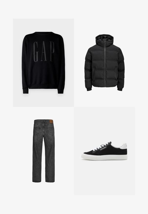 Černá polstrovaná bunda s kapucí, má přední zip, manžety s žebrováním a hladký povrch. Bez viditelných log a vzorů.; GAP Mikina - black; Černé džíny z denimu s rovnými nohavicemi, pět kapes, a hnědá kožená nášivka na pásku. Texturovaná látka s detaily šití.; Jack & Jones JFWMORDEN COMBO - Tenisky - anthracite