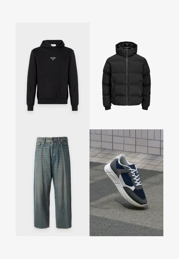 Mustat pehmeät takki, jossa on huppu, etuvetoketjukiinnitys, ribbireunat ja sileä pinta. Ei näkyviä logoja tai kuvioita.; Mustat hupparit, jotka on valmistettu puuvillasekoitteesta. Siinä on etutasku, ribattu hihansuu ja pieni valkoinen brodeerattu logo rinnassa.; Vaaleansiniset farkut, joissa on väljä istuvuus, keskikorkea vyötärö ja suorat lahkeet. Ominaisuuksiin kuuluvat viisi taskua, vyölenkit ja nappisulku.; Kengät, joissa on tummansininen verkkopäällinen, harmaat mokka-yksityiskohdat, valkoinen kumipohja ja litteät valkoiset nauhat, suunniteltu mukavuutta ja hengittävyyttä varten.