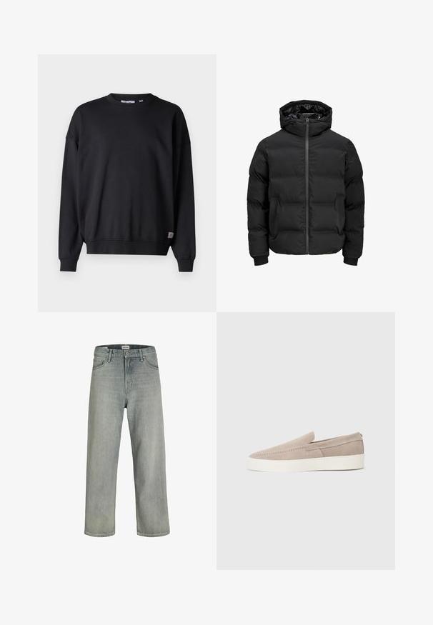 Chaqueta acolchada negra con capucha, que cuenta con un cierre delantero de cremallera, puños acanalados y una textura suave. Sin logotipos ni patrones visibles.; Sudadera negra de manga larga, con cuello redondo, puños y dobladillo acanalados. Hecha de un tejido suave, cuenta con un pequeño parche de logo en la parte inferior.; Vaqueros de mezclilla de un gris claro y corte holgado. Presentan un diseño clásico de cinco bolsillos, pasadores de cinturón y una silueta de pierna recta.; Zapatos mocasines de ante beige con una textura suave, puntera redondeada y suela de goma blanca. Presentan costuras simples a lo largo de la parte superior.