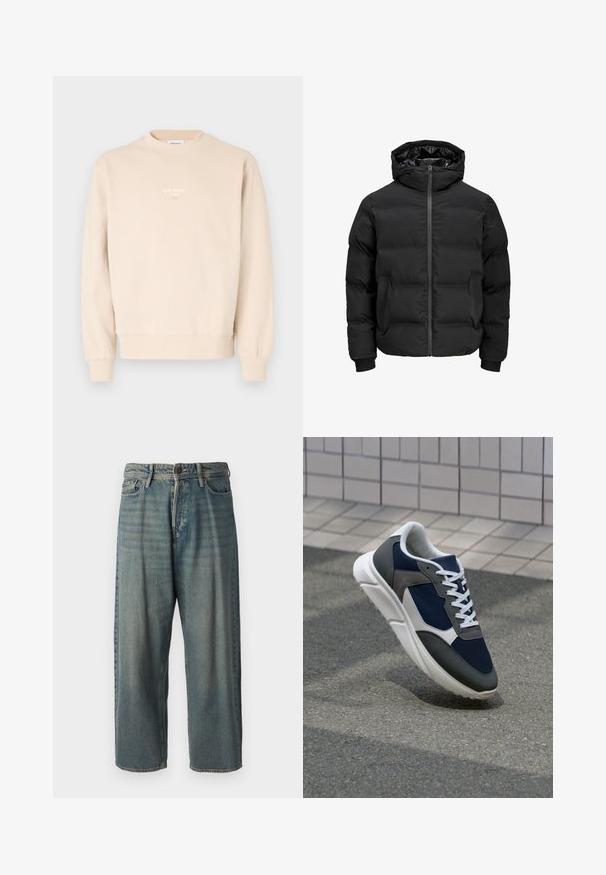 Čierna vypchatá bunda s kapucňou, s predným zipsom, patentnými manžetami a hladkým povrchom. Žiadne viditeľné logá ani vzory.; Béžová mikina vyrobená z mäkkej látky, s okrúhlym výstrihom, rebrovanými manžetami a malým bielym logom na hrudi.; Svetlomodré denimové nohavice so voľným strihom, stredne vysokým pásom a rovnými nohavicami. Obsahujú päť vreciek, pútka na opasok a zapínanie na gombík.; Tenisky s sieťovinou v námorníckej modrej farbe, so sivými semišovými detailmi, bielou gumovou podrážkou a plochými bielymi šnúrkami, navrhnuté pre pohodlie a priedušnosť.