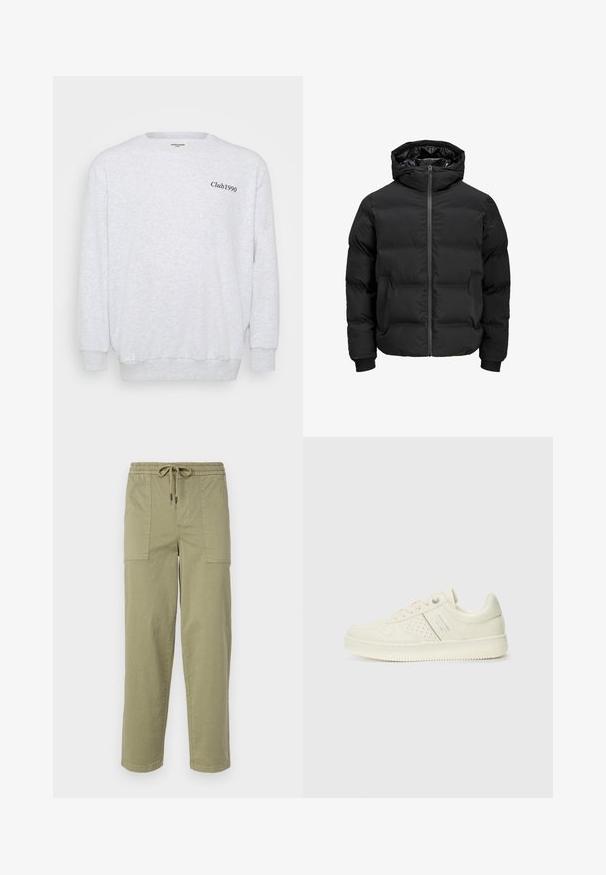 Chaqueta acolchada negra con capucha, que cuenta con un cierre delantero de cremallera, puños acanalados y una textura suave. Sin logotipos ni patrones visibles.; Sudadera gris claro hecha de material de felpa. Cuenta con un cuello redondo, mangas largas y "Club1990" impreso en negro en la parte delantera.; Pantalones verde oliva claro hechos de una mezcla de algodón, con una cinturilla elástica y cordón, y dos grandes bolsillos laterales.; Zapatilla color crema con detalles perforados, cordones y logotipo en el lateral, exhibida sobre un fondo blanco liso.