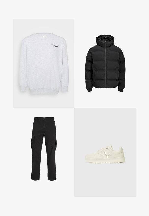 Černá polstrovaná bunda s kapucí, má přední zip, manžety s žebrováním a hladký povrch. Bez viditelných log a vzorů.; Světle šedá mikina vyrobená z fleecového materiálu. Má kulatý výstřih, dlouhé rukávy a na přední straně je černě tištěný nápis "Club1990".; Černé cargo kalhoty vyrobené z bavlny, s několika bočními kapsami, rovným střihem a zapínáním na knoflík v pase.; Světlé krémové tenisky s perforovanými detaily, šněrováním a logem na boku, vystavené na jednoduchém bílém pozadí.