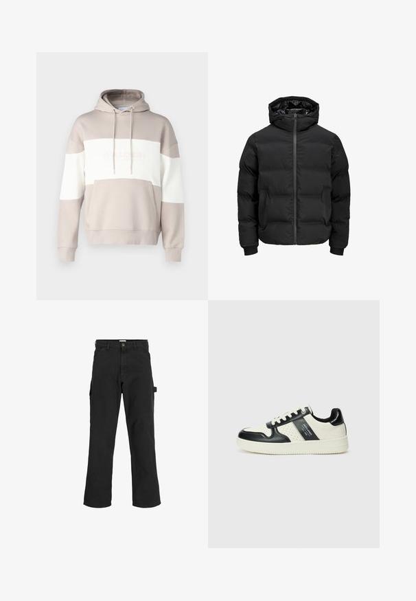 Zwarte gewatteerde jas met capuchon, voorzien van een ritssluiting aan de voorkant, geribde boorden en een gladde textuur. Geen zichtbare logo's of patronen.; Beige hoodie met witte horizontale strepen. Voorzien van een zak aan de voorkant en een trekkoord, gemaakt van zachte katoenmix.; Zwarte cargobroek van een katoenmix. Heeft wijde pijpen, schuin voorzakken en een zijzak met een lus voor accessoires.; Leren sneakers met een zwart en crèmekleurig kleurenschema, voorzien van geperforeerde accenten, een gevoerde kraag en een gestructureerde buitenzool.