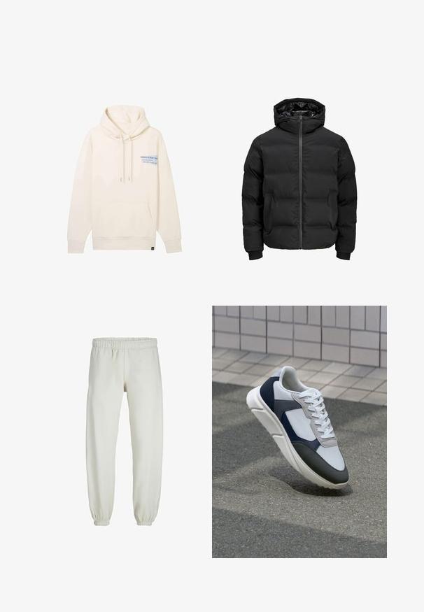 Czarna ocieplana kurtka z kapturem, z przodem zapinanym na zamek błyskawiczny, ściągaczami przy mankietach oraz gładką fakturą. Brak widocznych logotypów lub wzorów.; Kremowa bluza z kapturem z przednią kieszenią, regulowanym kapturem i niebieską grafiką logo. Wykonana z miękkiego materiału z ściągaczami na rękawach.; Białe dresy wykonane z miękkiego materiału, z elastycznym pasem i mankietami, o gładkiej fakturze i luźnym kroju.; Białe, granatowe i szare sneakersy o mieszanej konstrukcji, z teksturowanym wierzchem, płaskimi sznurowadłami i amortyzowaną podeszwą.