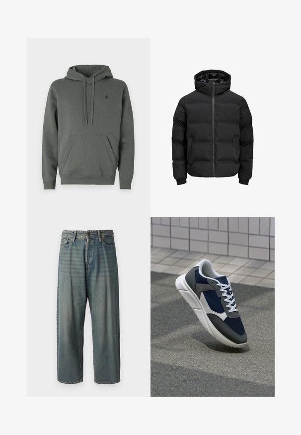 Fekete steppelt dzseki kapucnival, elülső cipzárral, bordázott ujjaival és sima textúrájával. Nincsenek látható logók vagy minták.; Sötétzöld pamut kapucnis felső kenguru zsebbel, állítható füles kapucnival és diszkrét logóval a mellkasán; sima textúra és laza szabás.; Világoskék farmernadrág, laza fazonnal, közepes derékbőséggel és egyenes szárral. Öt zsebet, övbucskát és gombos záródást tartalmaz.; Cipő, amelynek sötétkék hálós felsőrésze, szürke velúr díszítései, fehér gumitalpa és lapos fehér fűzője van, a kényelem és a légáteresztő képesség érdekében tervezve.