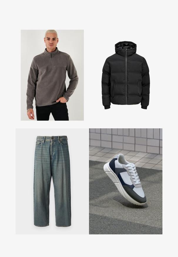 Černá polstrovaná bunda s kapucí, má přední zip, manžety s žebrováním a hladký povrch. Bez viditelných log a vzorů.; Šedý fleecový pulovr s čtvrtzipovým límcem, dlouhými rukávy a hladkou texturou. Obohacený jednoduchým švem přes hruď.; Světle modré denimové džíny s volným střihem, středně vysokým pasem a rovnými nohavicemi. Obsahují pět kapes, poutka na opasek a zapínání na knoflík.; Bílé, námořnické a šedé tenisky s kombinovaným materiálovým designem, který zahrnuje texturovaný svršek, ploché šňůrky a polstrovanou podešev.