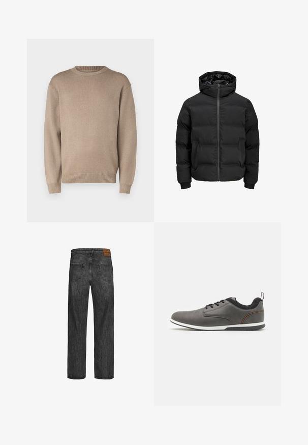 Giacca imbottita nera con cappuccio, dotata di chiusura frontale con zip, polsini a coste e una texture liscia. Senza loghi o fantasie visibili.; Maglione beige lavorato a maglia con colletto rotondo, maniche lunghe e polsini e orlo a coste; texture liscia con un motivo uniforme.; Jeans in denim nero con un design a gamba dritta, stile a cinque tasche e una toppa in pelle marrone in vita. Tessuto testurizzato con dettagli di cucitura.; Scarpe in pelle grigia con accenti neri, caratterizzate da una punta arrotondata, design con lacci, suola bianca e una piccola linguetta sul tallone.