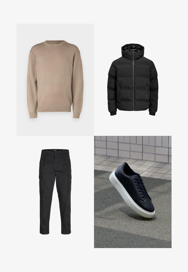 Crna podstava jakna s kapuljačom, koja ima prednje zatvaranje na patentni zatvarač, rebraste manžetne i glatku teksturu. Nema vidljivih logotipa ili uzoraka.; Bežani pleteni pulover s okruglim izrezom, dugim rukavima i rebrastim rubovima; glatka tekstura s uniformnim uzorkom.; Crne cargo hlače izrađene od čvrstog materijala, s brojnim džepovima, kopčanjem na gumb i dizajnom koji pomaže da se prilagode tijelu sa suženim nogavicama.; Crne kožne tenisice s zaobljenim vrhom i bijelim gumiranim potplatom. Imaju ravne vezice i minimalno šivanje na gornjem dijelu. Teksturirani potplat za bolje prianjanje.