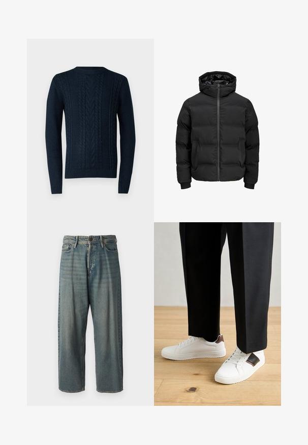 Črna podložena jakna s kapuco, z zadrgo na sprednji strani, rebrastimi manšetami in gladko teksturo. Brez vidnih logotipov ali vzorcev.; Temno modra pletena jopica s kabelskimi vzorci, standardnim okroglim izrezom ter rebrastimi manšetami in robom. Narejena iz teksturirane preje.; Svetlomoderne kavbojke z ohlapnim krojem, srednjim pasom in ravnimi nogami. Imajo pet žepov, zanke za pas in zapiranje na gumb.; Beli športni copati z gladko teksturo, okrašeni z rjavimi usnjenimi detajli in črnimi poudarki, v kombinaciji s črnimi krojenimi hlačami. Ozadje iz lesenih tal.