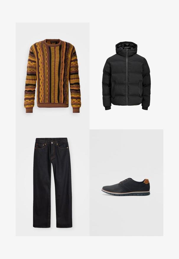 Veste noire rembourrée avec capuche, dotée d'une fermeture éclair sur le devant, de poignets à côtes et d'une texture lisse. Pas de logos ou de motifs visibles.; Pull en tricot marron, jaune et noir avec des motifs verticaux. Il présente des poignets et un col côtelés, ainsi que des détails texturés partout.; Jean en denim noir pour hommes, coupe droite, avec cinq poches et surpiqûres orange, fermeture par bouton et zip à la taille avant.; Chaussures synthétiques noires avec un dessus texturé, accents lisses, talon marron et semelle contrastante. Présente un laçage minimal et des détails de couture.