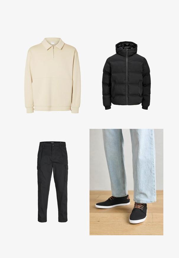 Črna podložena jakna s kapuco, z zadrgo na sprednji strani, rebrastimi manšetami in gladko teksturo. Brez vidnih logotipov ali vzorcev.; Bež pulover s kapuco, izdelan iz mehkega blaga, z zadrgo na vratu, ovratnikom in sproščenim krojem z enostavnim horizontalnim šivom.; Črne cargo hlače iz trdnega blaga, ki imajo več žepov, gumbasto zapiranje in ozek kroj z zožanimi nogami.; Črne platnene superge z rjavimi poudarki, belimi gumijastimi podplati in rjavimi vezalkami, v kombinaciji s svetlobluzimi naravnost krojenimi kavbojkami. Ozadje iz lesenih tal.