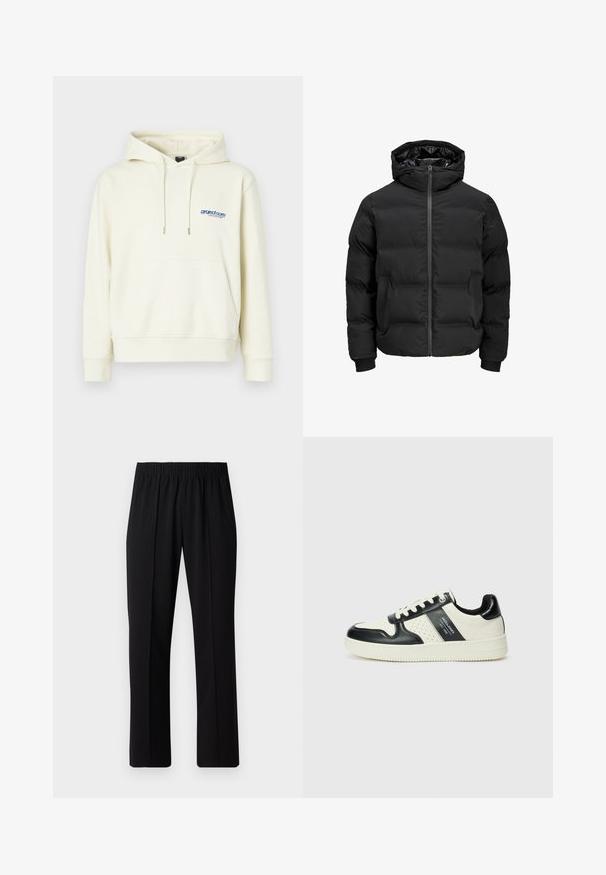 Juoda paminta striukė su gobtuvu, su priekiniais užtrauktukais, raštuotais rankogaliais ir lygia tekstūra. Nėra matomų logotipų ar raštų.; Kreminės spalvos hoodie su priekiu kišene, su virvute reguliuojamu gobtuvu ir mėlynu logotipu ant krūtinės. Minkšta medžiaga, laisvas kirpimas ir raukiniai ant rankovių.; Juodos, elastingos juosmens kelnės su tiesiomis kojomis, turinčios lygų paviršių ir be matomų raštų ar detalių.; Odiniai sportbačiai juodos ir kreminės spalvų schemoje, su perforuotais akcentais, paminkštinta apykakle ir tekstūruotu padu.