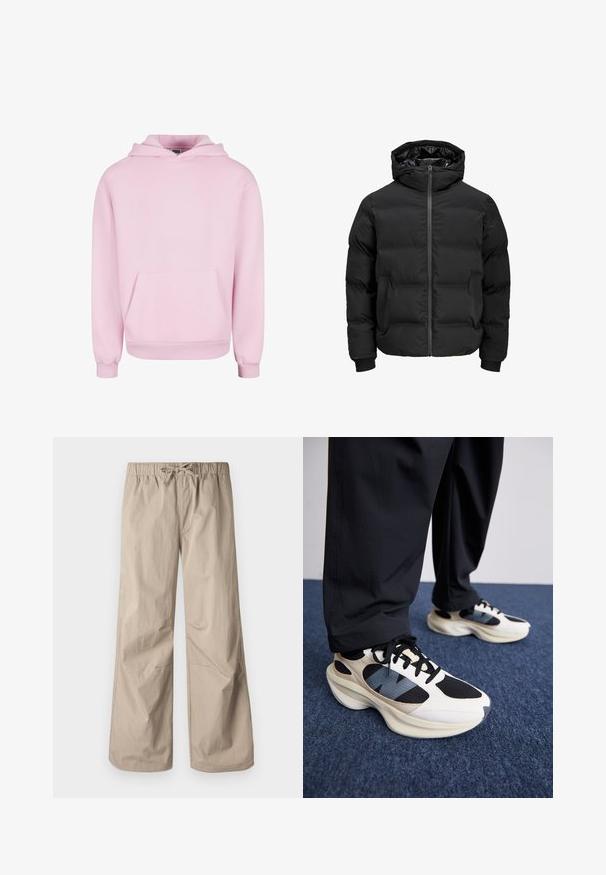 Fekete steppelt dzseki kapucnival, elülső cipzárral, bordázott ujjaival és sima textúrájával. Nincsenek látható logók vagy minták.; Világos rózsaszín kapucnis pulóver puha anyagból. Elöl zseb található, valamint húzózsinóros kapucni és bordázott mandzsetta a kényelmes illeszkedés érdekében. Egyszerű dizájn.; Beige, bő szárú nadrág rugalmas derékpánttal és zsinórral. Sima textúra, két oldalsó zseb és minimális varrások a kényelmes illeszkedésért.; Fehér és fekete sportcipők textúrázott díszítéssel és kék akcentussal, vastag talppal és fekete fűzővel, fekete nadrággal párosítva.