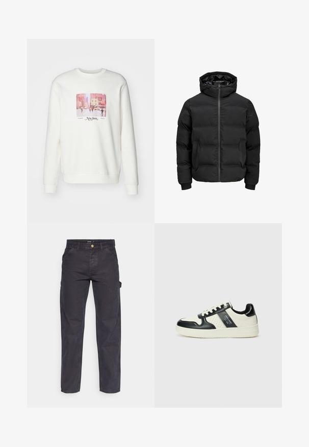Černá polstrovaná bunda s kapucí, má přední zip, manžety s žebrováním a hladký povrch. Bez viditelných log a vzorů.; Bílá mikina s kapucí se čtvercovým grafickým prvkem znázorňující městskou scénu. Ozdobena textem "New York" a "Od roku 2013" pod obrázkem.; Tmavě šedé cargo kalhoty vyrobené z odolné látky, s rovnými nohavicemi, pěti kapsami a knoflíkovým zapínáním v pase.; Kožené tenisky s černobílou barevnou kombinací, které mají perforované detaily, polstrovaný límec a texturovanou podrážku.