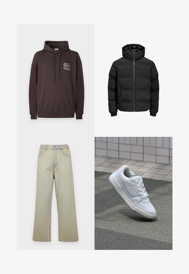 Geacă neagră căptușită cu glugă, având un fermoar frontal, manșete rib knit și o textură netedă. Fără logo-uri sau modele vizibile.; Hanorac cu capuciu de culoare maro închis, realizat dintr-un amestec de bumbac, având o buzunar frontal și un logo alb cu glob și text pe partea stângă a pieptului.; Jeans largi de culoare albastru deschis din denim, cu un finisaj uzat. Au cinci buzunare și închidere cu un nasture în față.; Adidași din piele albă cu părți perforate, accente texturate, șireturi plate și un călcâi gri contrastant. Prezintă o talpă ușor ridicată.