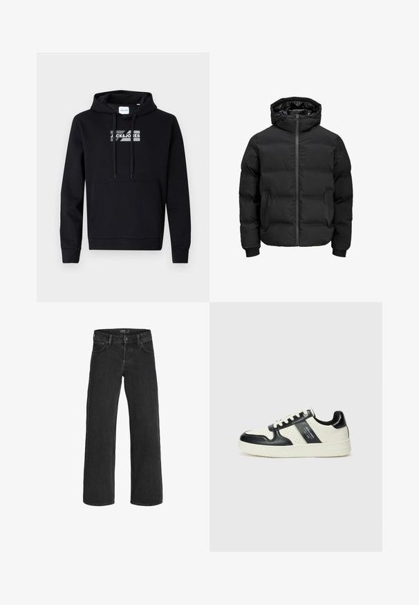 Czarna ocieplana kurtka z kapturem, z przodem zapinanym na zamek błyskawiczny, ściągaczami przy mankietach oraz gładką fakturą. Brak widocznych logotypów lub wzorów.; Czarna hoodie wykonana z miękkiego materiału, z przednią kieszenią kangurzą i nadrukowanym logo na klatce piersiowej. Długie rękawy z ściągaczami.; Czarne dżinsy o szerokich nogawkach; charakteryzują się klasycznym pięciokomorowym wzorem, mocnym przeszyciem i zapięciem na guzik w pasie.; Skórzane sneakersy w czarno-kremowym schemacie kolorystycznym, z perforowanymi akcentami, wyściełanym kołnierzem i teksturowaną podeszwą.