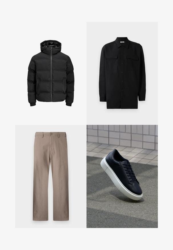 Musta polsterdatud jakk kapuutsiga, millel on ees lukk, soonikkoes varrukad ja sile tekstuur. Nähtavaid logosid või mustreid pole.; Mustmust värvi nööpidega särk, mis on valmistatud sujuvast kangast, klassikalise kraega, kahe eesmise tasku ja pikkade varrukatega, millel on nööpidega mansetid.; Kergedest beezhides sirge säärega püksid, mis on valmistatud kerge kangaga, nupuga kinnitamine, ees taskud ja puhas õmblemine.; Mustast nahast tennisetoss, millel on ümar nina ja valge kummist tall. Omab siredaid paelu ja minimaalset õmblemist ülemises osas. Tekstuuriga tald, mis tagab haakuvuse.