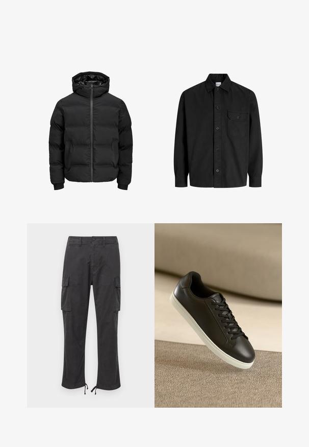 Černá polstrovaná bunda s kapucí, má přední zip, manžety s žebrováním a hladký povrch. Bez viditelných log a vzorů.; Černá košile s dlouhým rukávem a knoflíkovým zapínáním, s límečkem a jednou náprsní kapsou, která má knoflíkový klapku.; Černé cargo kalhoty s dvěma bočními kapsami, nastavitelné manžety na šňůrku, zapínání na knoflík a hladkou, odolnou texturou látky.; Černé kožené tenisky s bílou gumovou podrážkou a černými tkaničkami, umístěné na béžovém textilním povrchu a pozadí.