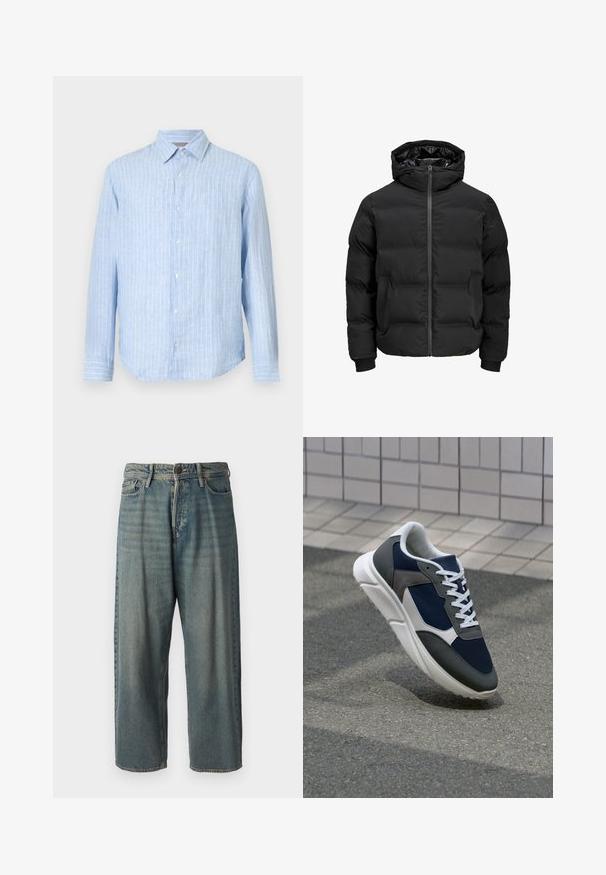 Schwarze gepolsterte Jacke mit Kapuze, ausgestattet mit einem Reißverschluss auf der Vorderseite, gerippten Ärmelbündchen und einer glatten Textur. Keine sichtbaren Logos oder Muster.; Maßhemden in hellblau mit vertikalen weißen Streifen, langen Ärmeln, spitzem Kragen und gerundetem Saum. Hergestellt aus leichtem Stoff.; Helle blaue Denim-Jeans mit lockerer Passform, mittelhoher Taille und geraden Beinen. Hat fünf Taschen, Gürtelschlaufen und einen Knopfverschluss.; Sneaker mit einem Obermaterial aus navyblauem Mesh, grauen Wildlederelementen, einer weißen Gummisohle und flachen weißen Schnürsenkeln, entworfen für Komfort und Atmungsaktivität.