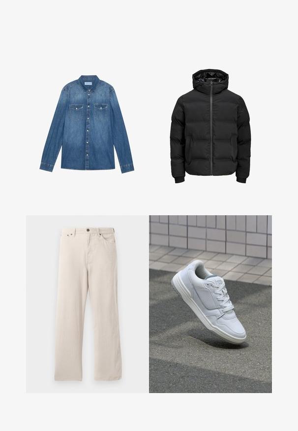 Schwarze gepolsterte Jacke mit Kapuze, ausgestattet mit einem Reißverschluss auf der Vorderseite, gerippten Ärmelbündchen und einer glatten Textur. Keine sichtbaren Logos oder Muster.; Dunkelblaue Jeanshemd mit langen Ärmeln, klassischem Kragen, Knopfleiste, zwei Brusttaschen und kontrastierenden Nähten.; Beige Corduroyhosen mit geradem Schnitt, gerippter Textur, Fünf-Taschen-Design und Knopfverschluss.; Weiße Ledersneaker mit perforierten Seiten, strukturierten Akzenten, flachen Schnürsenkeln und einer kontrastierenden grauen Ferse. Verfügt über eine leicht erhöhte Sohle.