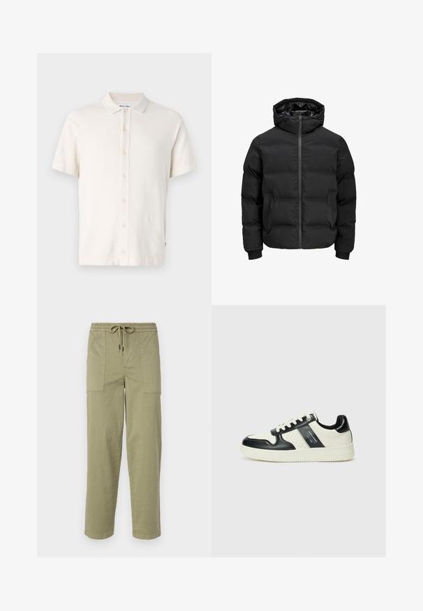 Sort polstret jakke med hætte, der har en frontlynlås, ribbede manchetter og en glat tekstur. Ingen synlige logoer eller mønstre.; Kortærmet polo t-shirt i off-white, med tekstureret stof, knaplukning og typisk kravedesign. Enkel og alsidig stil.; Lys olivengrønne bukser lavet af en bomuldsblanding, med elastisk talje med snor og to store sidelommer.; Lædersneakers i sort og creme farveskema, med perforerede detaljer, en polstret krave og en struktureret ydersål.