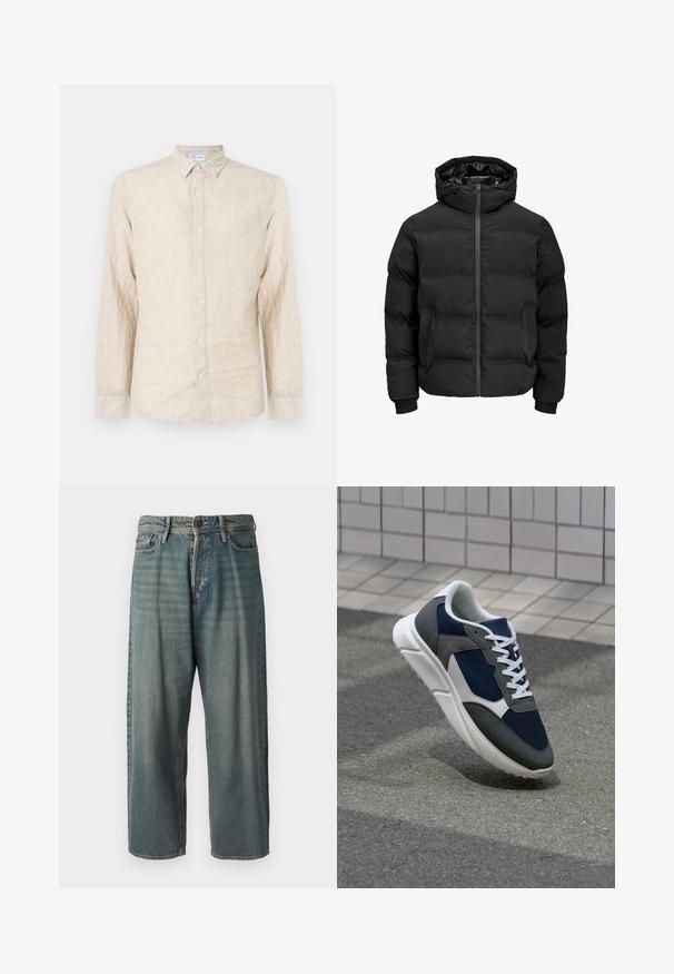 Juoda paminta striukė su gobtuvu, su priekiniais užtrauktukais, raštuotais rankogaliais ir lygia tekstūra. Nėra matomų logotipų ar raštų.; Smėlio spalvos ilgomis rankovėmis marškiniai, pagaminti iš tekstūruoto audinio, su klasikinio tipo apykakle, mygtukų užsegimu ir laisvu siluetu.; Šviesiai mėlyni džinsai su laisvu siluetu, vidutinio aukščio juosmeniu ir tiesiomis kojomis. Su penkiais kišenėmis, diržo kilpo ir mygtukų uždarymu.; Sportiniai bateliai su tamsiai mėlynu tinkliniu viršumi, pilkais zomšiniais akcentais, balta guma padanga ir plokščiomis baltomis raištelėmis, sukurti komfortui ir oro pralaidumui.