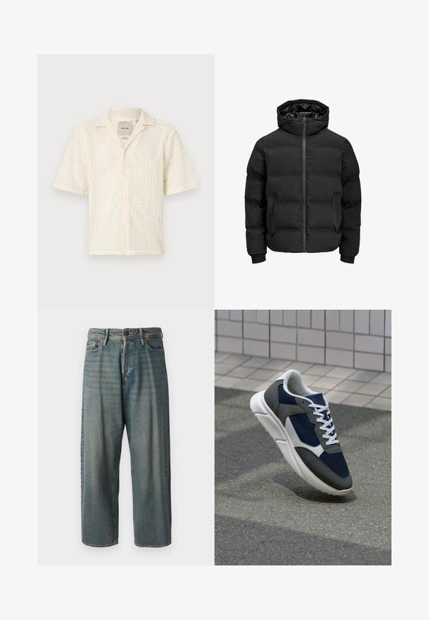 Veste noire rembourrée avec capuche, dotée d'une fermeture éclair sur le devant, de poignets à côtes et d'une texture lisse. Pas de logos ou de motifs visibles.; Chemise à manches courtes de couleur crème fabriquée en tissu texturé avec un motif en zigzag et un boutonnage sur le devant. Elle présente un col classique et une poche.; Jeans en denim bleu clair avec une coupe ample, taille mi-haute et jambes droites. Comprend cinq poches, des passants de ceinture et une fermeture à bouton.; Baskets avec une tige en mesh bleu marine, des accents en suède gris, une semelle en caoutchouc blanc et des lacets plats blancs, conçues pour le confort et la respirabilité.