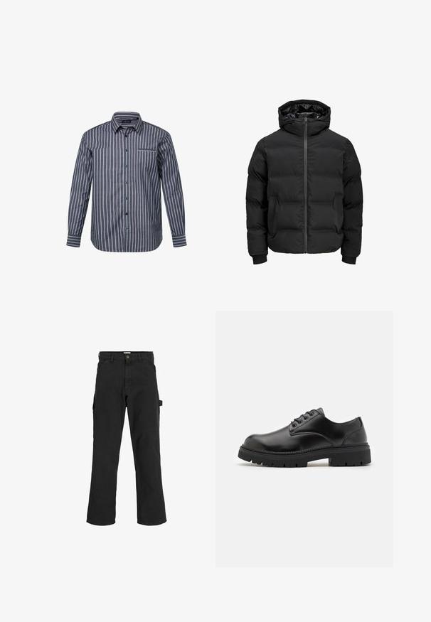 Giacca imbottita nera con cappuccio, dotata di chiusura frontale con zip, polsini a coste e una texture liscia. Senza loghi o fantasie visibili.; Camicia a righe blu scuro con linee verticali rosa chiaro e bianche. Ha maniche lunghe, colletto e una tasca sul petto.; Pantaloni cargo neri in tessuto misto cotone. Presentano gambe ampie, tasche anteriori oblique e una tasca laterale con un anello per accessori.; Scarpe in pelle nera con punta arrotondata, design lace-up e suola in gomma spessa e testurizzata. Presentano una cucitura lungo il bordo e una finitura liscia.