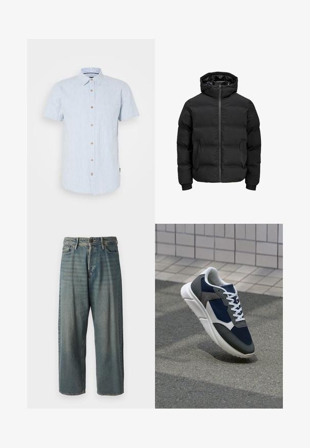 Musta polsterdatud jakk kapuutsiga, millel on ees lukk, soonikkoes varrukad ja sile tekstuur. Nähtavaid logosid või mustreid pole.; Helevarviga särk helesinisena valgete vertikaalsete triipudega. Omab nööpidega eesmist sulgemist, taskut ja mustrilist kraeliningit.; Heledad sinine denim-stiilis teksad, volüümse lõike, keskmise kõrgusega talje ja sirgete säärega. Omab viit taskut, vöökumme ja nööpide sulgemist.; Sneaker, mille sinine võrkkangas, hallid nubukdetailid, valge kummitald ja lamedad valged paelad, disainitud mugavuseks ja hingavuseks.