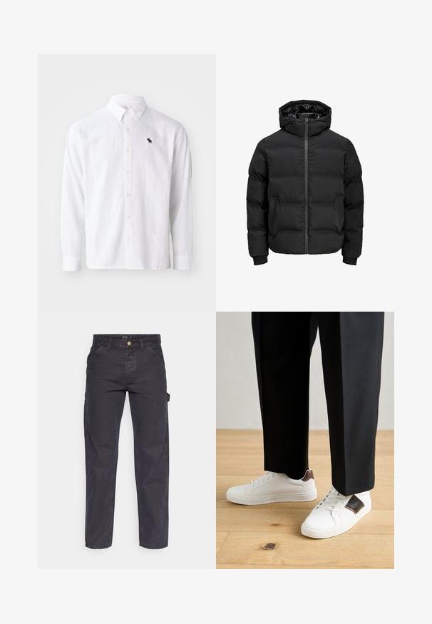 Veste noire rembourrée avec capuche, dotée d'une fermeture éclair sur le devant, de poignets à côtes et d'une texture lisse. Pas de logos ou de motifs visibles.; Chemise blanche en lin à manches longues avec un col boutonné, arborant un petit logo bleu marine. Texture douce et coupe décontractée avec des fermetures à boutons.; Pantalons cargo gris foncé en tissu durable, avec une coupe droite, cinq poches et une fermeture à bouton à la taille.; Des sneakers blanches au texture lisse, avec des accents en cuir marron et des détails noirs, assorties à un pantalon noir ajusté. Fond en parquet.