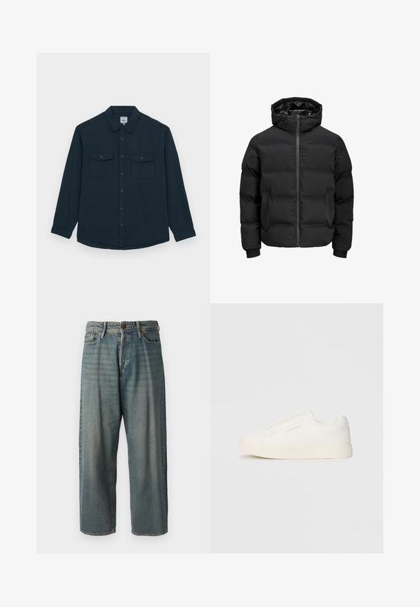 Black padded jacket with a hood, featuring a front zipper closure, ribbed cuffs, and a smooth texture. No visible logos or patterns.; Redefined Rebel COOPER REGULAR FIT PLUS - Shirt - navy; Light blue denim jeans with a loose fit, mid-rise waist, and straight legs. Features five pockets, belt loops, and a button closure.; White slip-on sneakers with a textured surface, a thick sole, and minimalistic design. Features brand logo on the side.