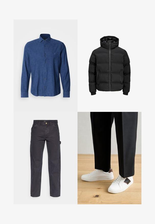 Giacca imbottita nera con cappuccio, dotata di chiusura frontale con zip, polsini a coste e una texture liscia. Senza loghi o fantasie visibili.; Camicia blu a maniche lunghe realizzata in tessuto texturizzato, con colletto tradizionale, apertura con bottoni e ricamo del logo in modo discreto sul petto.; Pantaloni cargo grigio scuro realizzati in tessuto resistente, con un taglio dritto, cinque tasche e chiusura a bottoni in vita.; Sneakers bianchi dalla texture liscia, con dettagli in pelle marrone e particolari neri, abbinati a pantaloni neri su misura. Sfondo in parquet.