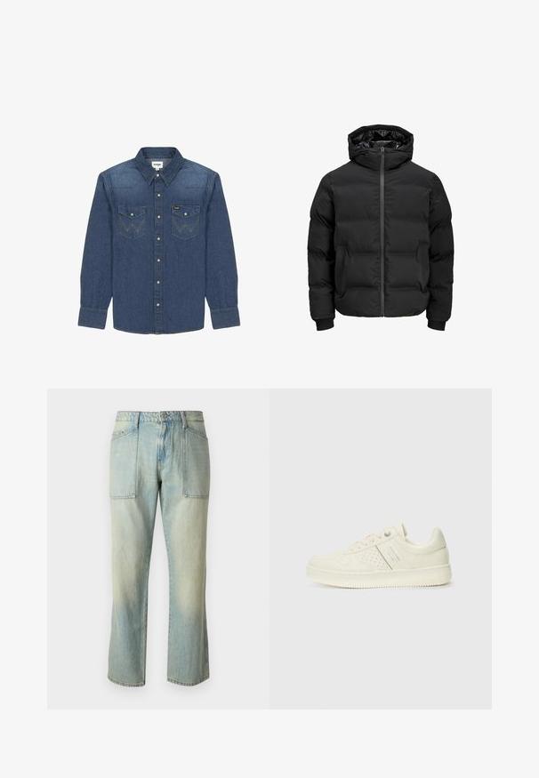 Schwarze gepolsterte Jacke mit Kapuze, ausgestattet mit einem Reißverschluss auf der Vorderseite, gerippten Ärmelbündchen und einer glatten Textur. Keine sichtbaren Logos oder Muster.; Dunkelblaue Jeanshemd mit einem Button-Down-Kragen, zwei Brusttaschen mit kontrastierenden Nähten und langen Ärmeln mit Knopfärmeln.; Helle blaue Jeans mit geradem Bein, sichtbaren Nähten und zwei großen Fronttaschen. Der Stoff hat eine ausgewaschene Textur.; Cremefarbene Sneaker mit perforierten Details, Schnürsenkeln und Logo an der Seite, vor einem schlichten weißen Hintergrund präsentiert.