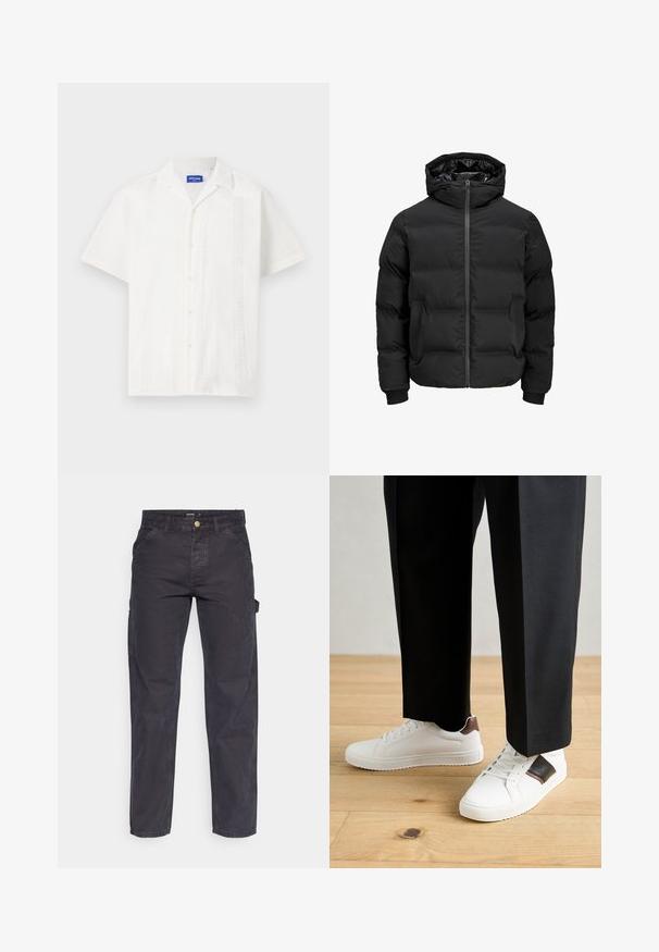 Veste noire rembourrée avec capuche, dotée d'une fermeture éclair sur le devant, de poignets à côtes et d'une texture lisse. Pas de logos ou de motifs visibles.; Chemise blanche à manches courtes avec fermeture à boutons, présentant des motifs complexes sur le devant et un design de col classique.; Pantalons cargo gris foncé en tissu durable, avec une coupe droite, cinq poches et une fermeture à bouton à la taille.; Des sneakers blanches au texture lisse, avec des accents en cuir marron et des détails noirs, assorties à un pantalon noir ajusté. Fond en parquet.