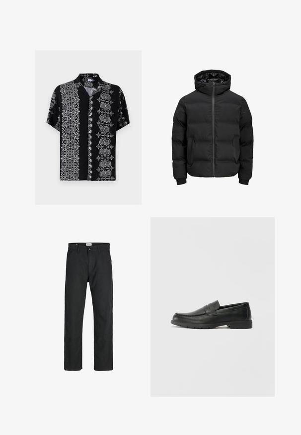 Melna siltināta jaka ar kapuci, ar priekšējo rāvējslēdzēju, ribotu aproču un gludu tekstūru. Nav redzamu logo vai rakstu.; Īsās piedurknes pogājama krekla melnā audumā, kas abās pusēs izceļas ar sarežģītiem baltiem ziedu un dekoratīviem rakstiem, kā arī ar apkakli.; Melnas bikses no izturīga auduma, ar taisna griezuma dizainu, izšūtām akcentiem un divām priekšējām kabatām funkcionālitātei.; Melnas ādas loafers ar gludu apdari, mokasīnu stila augšdaļu, šūtu detalizāciju un gumijas zoli. Klasisks dizains ar zemu papēdi.