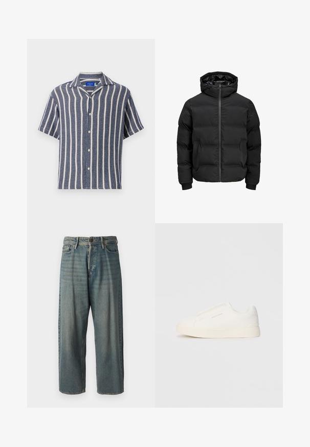 Musta polsterdatud jakk kapuutsiga, millel on ees lukk, soonikkoes varrukad ja sile tekstuur. Nähtavaid logosid või mustreid pole.; Tumesinise lühikeste varrukatega särk valgete vertikaalsete söödadega. Valmistatud tekstureeritud kangast, millel on ümberpööratud krae ja nööpide eesmine osa.; Heledad sinine denim-stiilis teksad, volüümse lõike, keskmise kõrgusega talje ja sirgete säärega. Omab viit taskut, vöökumme ja nööpide sulgemist.; Valged libisemiskindlad tossud tekstuuriga pinnaga, paksu tallaga ja minimalistikus disainis. Küljel on brändi logo.