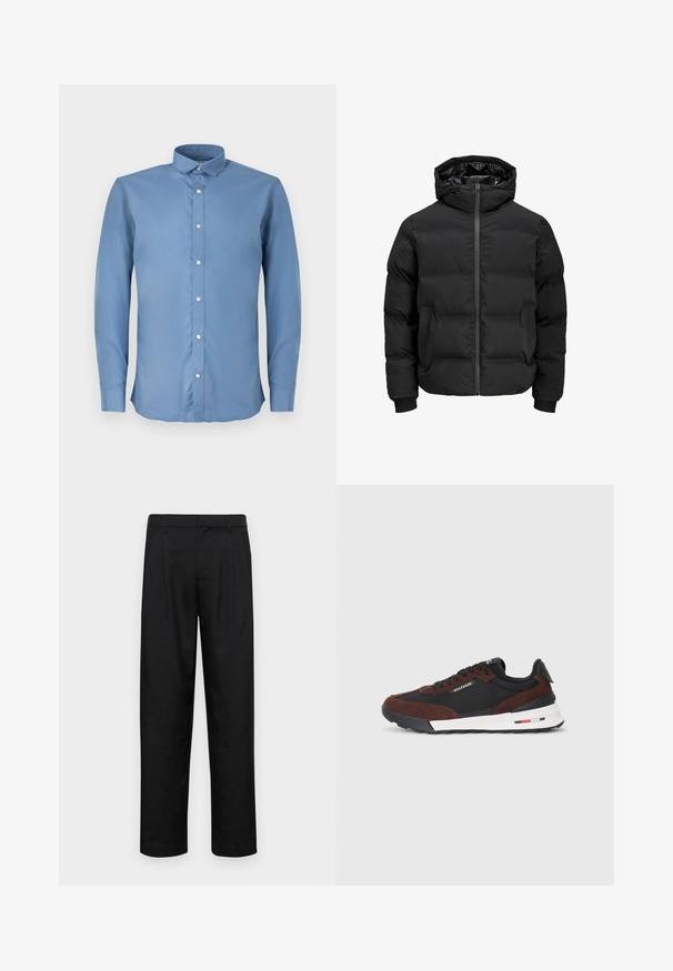 Schwarze gepolsterte Jacke mit Kapuze, ausgestattet mit einem Reißverschluss auf der Vorderseite, gerippten Ärmelbündchen und einer glatten Textur. Keine sichtbaren Logos oder Muster.; Hellblaues Langarmhemd mit Button-Down-Kragen, das eine glatte Textur aufweist und sechs weiße Knöpfe entlang der Vorderseite hat.; Schwarze Hose aus glattem Stoff, mit geradem Bein Design, zwei vorderen Falten und einem Standardbund mit Gürtelschlaufen.; Tommy Hilfiger RETRO RUNNER MIX - Sneaker low - black/cocoa